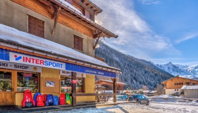 Intersport ski shop in a snowy mountain village