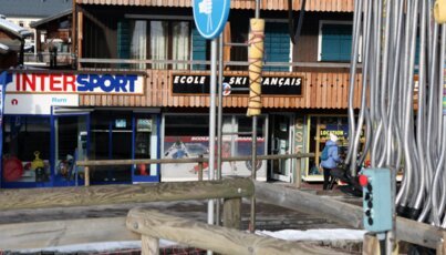Shops and ski lift in a ski resort.