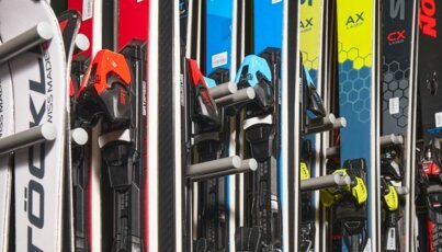 Row of skis of various brands and colors