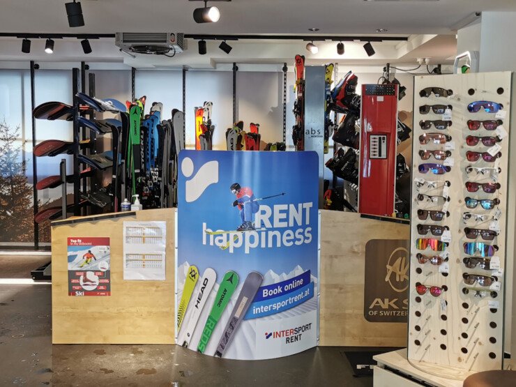 Interior of a sports shop with ski equipment and accessories