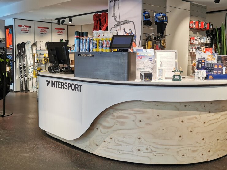 Intersport checkout counter in a sporting goods store